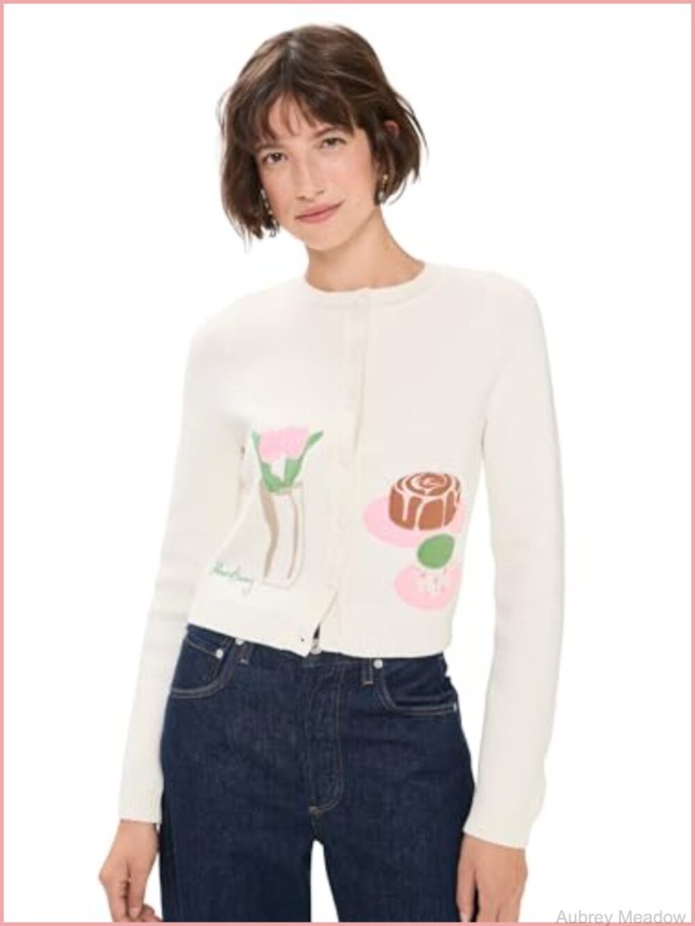 House of Sunny Collarless Embroidered Knit Cardigan Ivory